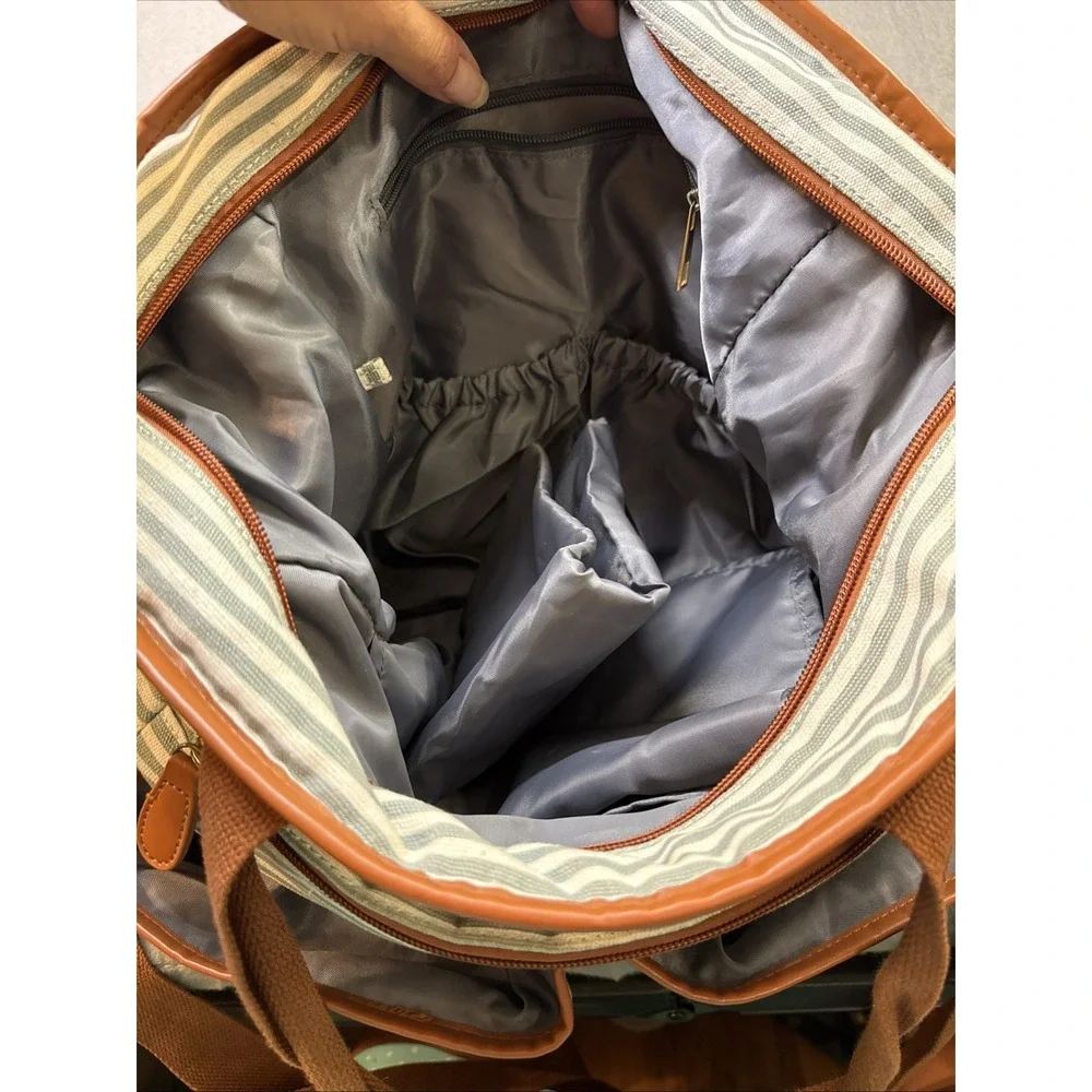 Plambag Gray Striped Diaper Bag Crossbody & Double Handles , Changing Mat